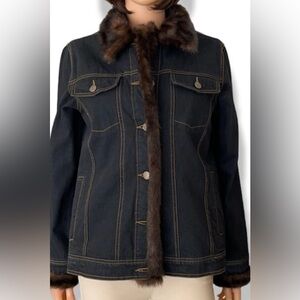 Dennis Basso Dark Denim Jacket with Brown Faux Fur- size M